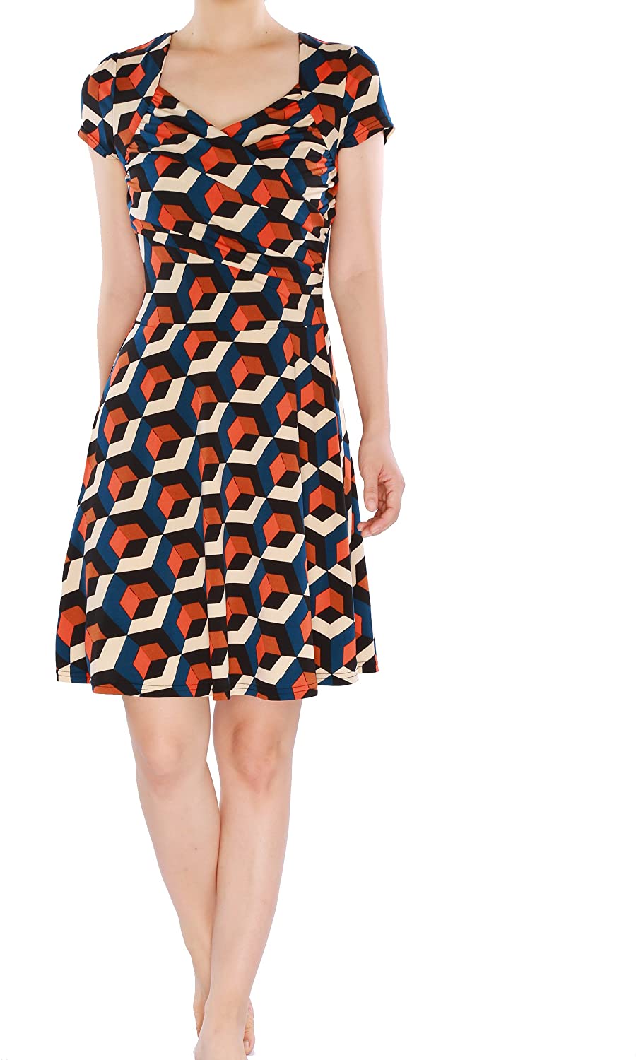 Price:$9.99 May&Maya Women's Vibrant Colors Pattern Fit Flare Short Sleeves Dress with Ruching Bodice Sweetheart Neckline at Amazon Women’s Clothing store