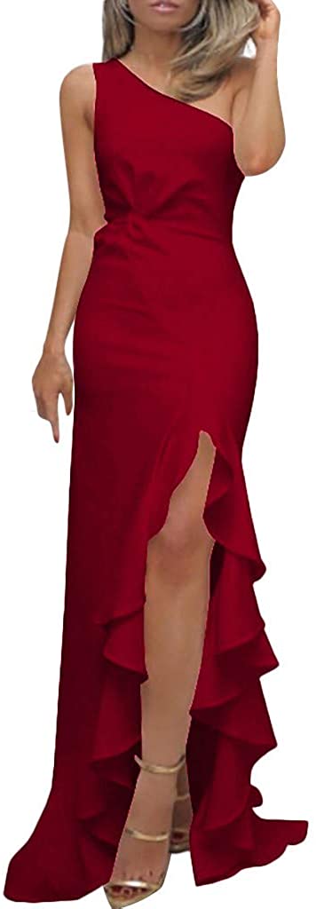 Price:$6.59    Alangbudu Women One Shoulder Mermaid Side Spilt High Low Asymmetrical Gown Long Formal Evening Party Elegant Dresses  Clothing
