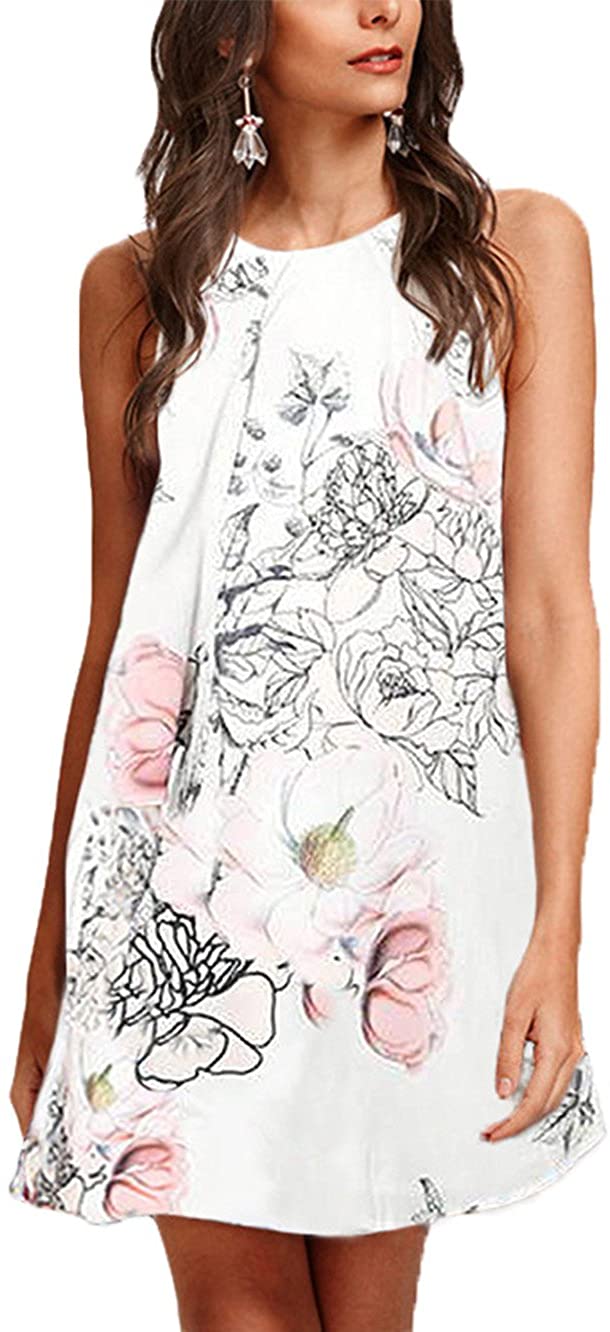 Price:$8.88 YOINS Mini Dress for Women Summer Random Floral Print Round Neck Sleeveless Casual Short Top Dresses at Amazon Women’s Clothing store