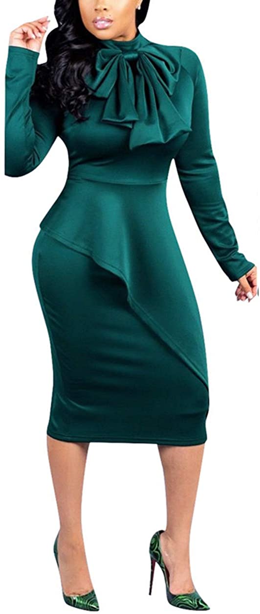 Price:$18.99 Women's Long Sleeve Peplum Tie Neck Ruffle Bodycon Pencil Midi Dress at Amazon Women’s Clothing store