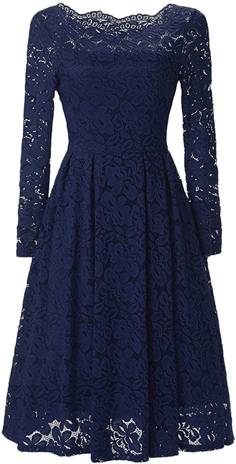Price:$29.87    chouyatou Women's Retro Boatneck Lace Floral Fit-Flare Pleated Knee Length Cocktail Dress  Clothing