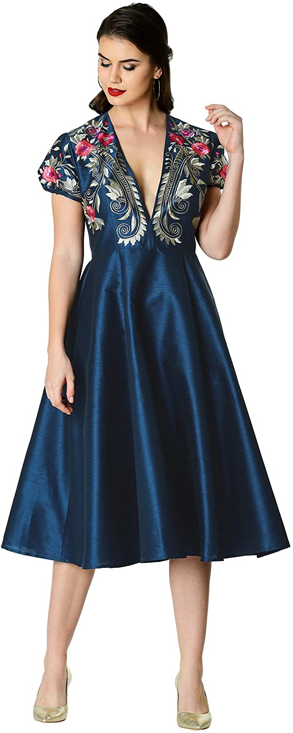 Price:$89.95    eShakti FX Plunge Floral Embroidery Dupioni Dress Navy Multi  Clothing