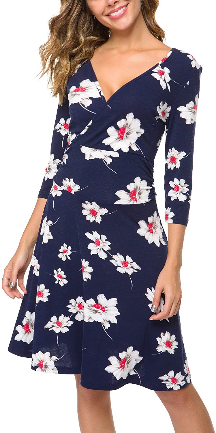 Price:$16.85 Women's 3/4 Sleeve V Neck Wrap Waist Floral Flared Dress at Amazon Women’s Clothing store