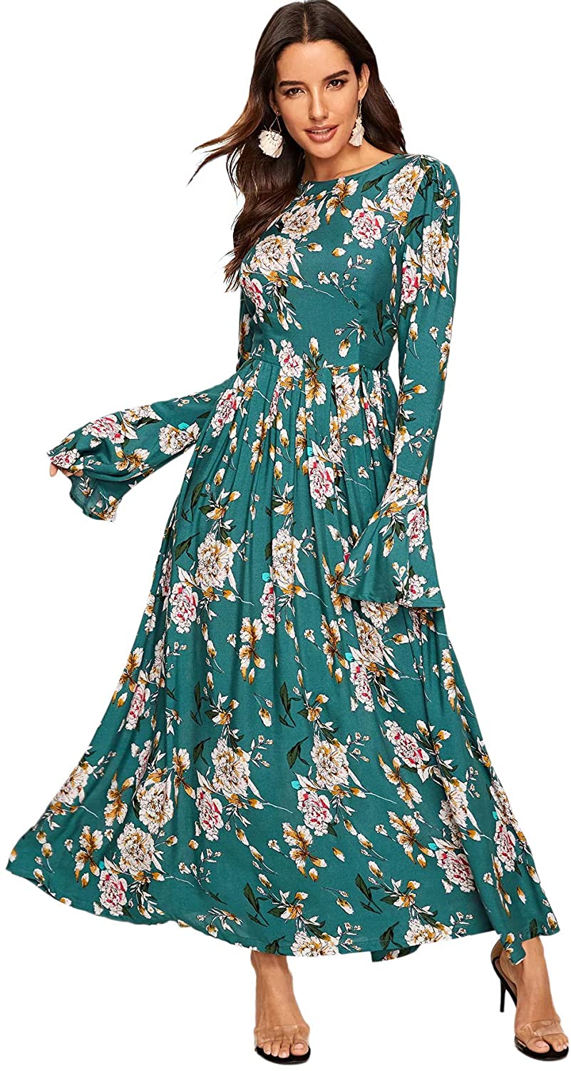 Price:$24.99 SOLY HUX Women's Ditsy Floral Print Flounce Sleeve Belted High Waist Elegant Dress at Amazon Women’s Clothing store