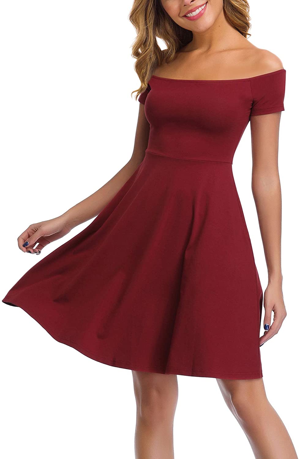 Price:$15.99    DIRASS Women's Off The Shoulder Short Sleeve Flared Cocktail Skater Dress  Clothing