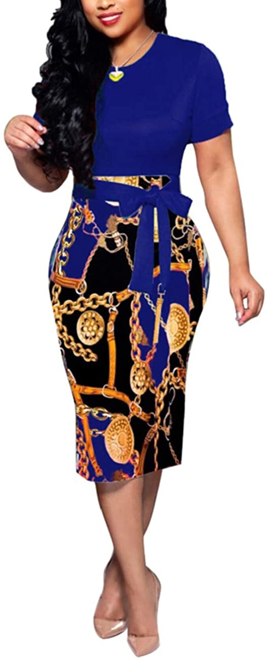 Price:$15.22    YCOOCE Womens Bodycon Dress Midi Dress Wear to Work Casual Floral Print Pencil Dresses with Belt  Clothing