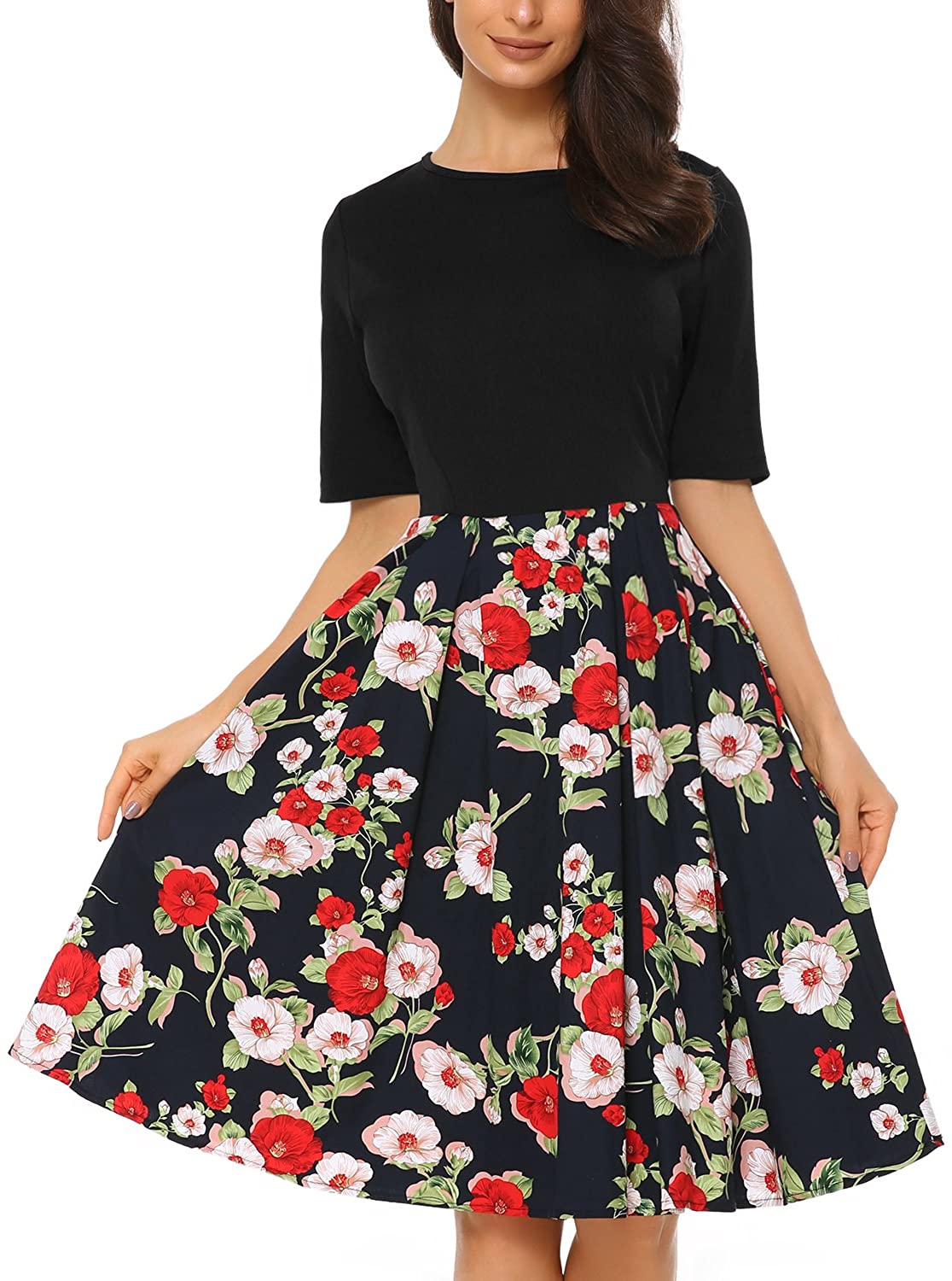 Price:$17.99    Mixfeer Women’s Vintage Midi Dress Floral Scoop Neck Long Sleeve A-line Cocktail Party Swing Dress with Pockets  Clothing