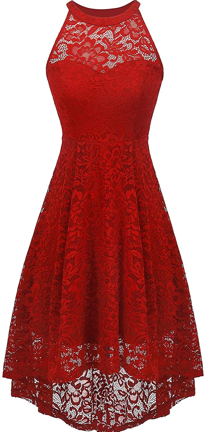 Price:$31.33    MISSCHEN Women's Bridesmaid Halter Floral Lace Cocktail Formal Prom Party Hi-Lo Swing Dress  Clothing