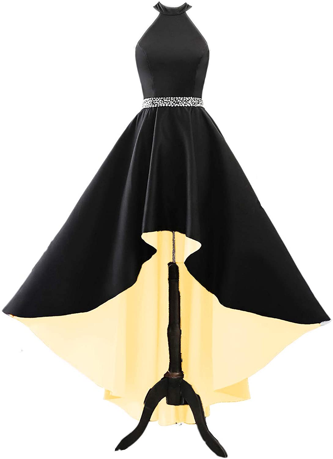 Price:$89.99    Halter Prom Dresses Long Beaded Evening Party Gown High Low Formal Dresses for Junior Black/Yellow-2  Clothing