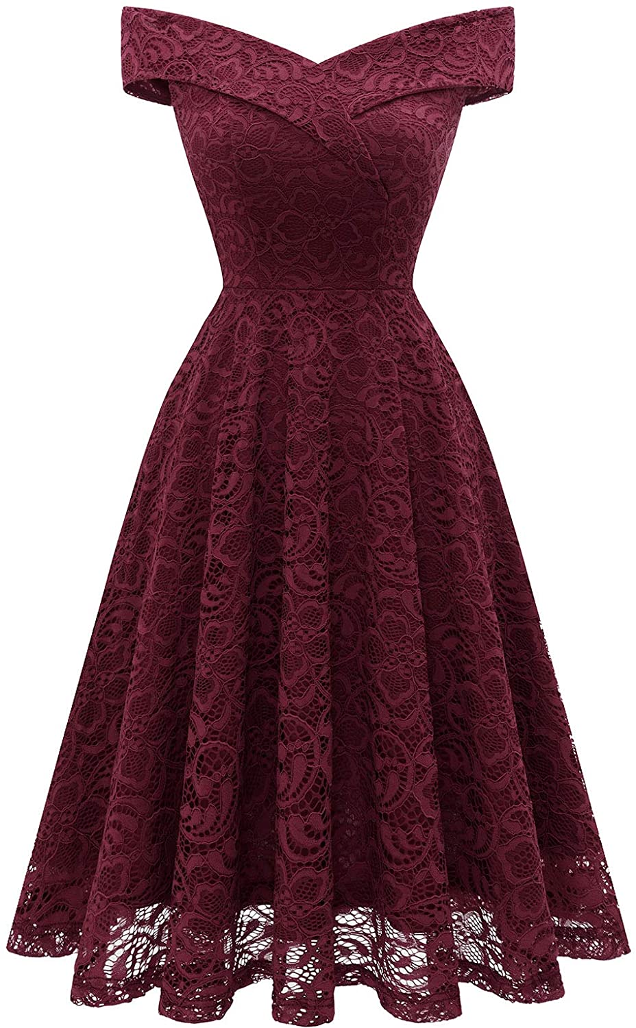 Price:$32.99    Homrain Women's Vintage Floral Lace Off Shoulder Keen Length Wedding Cocktail Formal Swing Dress Burgundy-1 S  Clothing