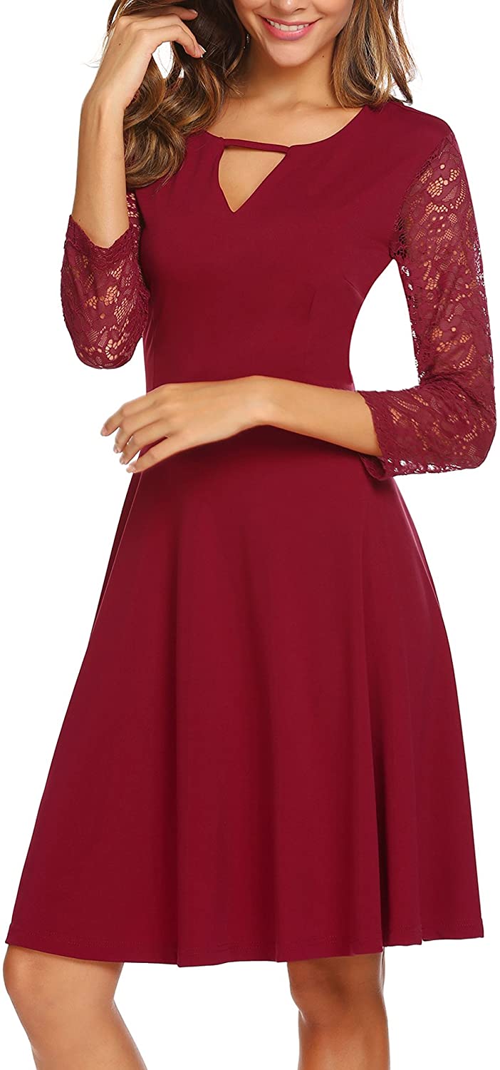 Price:$26.99    ANGVNS Women's Floral Lace Dress Lace-up Round Neck 3/4 Sleeve Cocktail Party Wedding Dress  Clothing