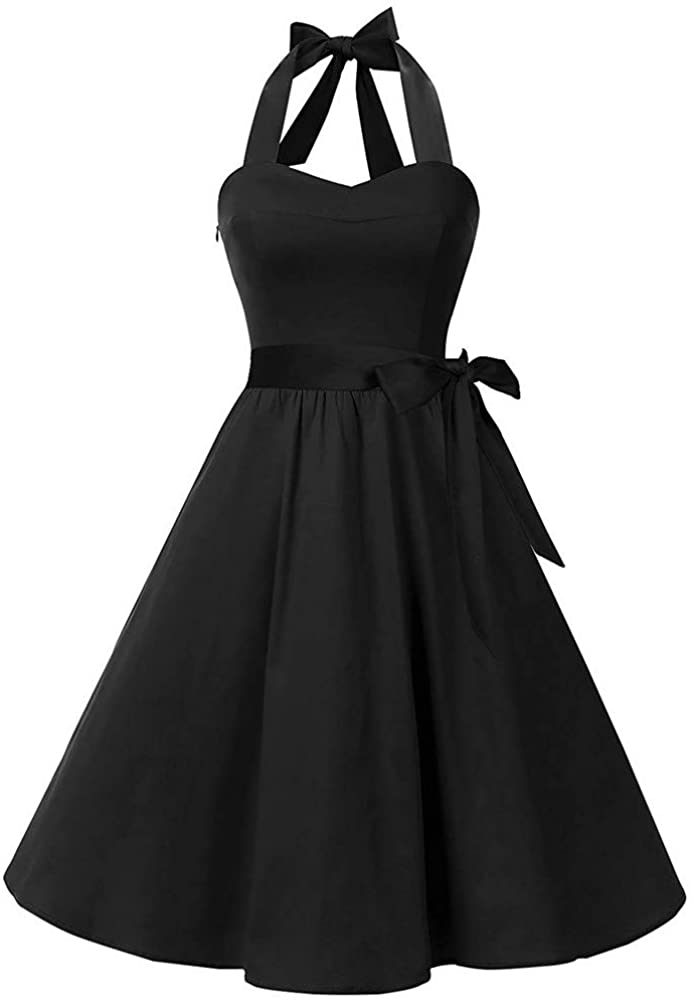 Price:$7.69    Women Sleeveless Halter Dress Solid Color Dress Zipper Hepburn Style Dress Vintage Swing High-Waist Pleated Dress  Clothing