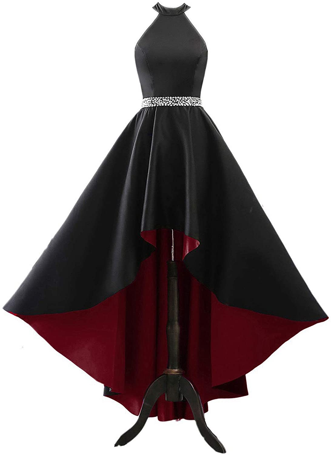 Price:$89.99    Women's Long Beaded Halter Satin Prom Dress A Line Open Back Evening Gowns with Pockets Black/Burgundy-10  Clothing