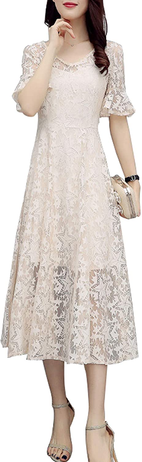 Price:$28.00    chouyatou Women's Slimming V-Neck Flare Sleeve Cocktail Party Mid-Long Lace Dress  Clothing