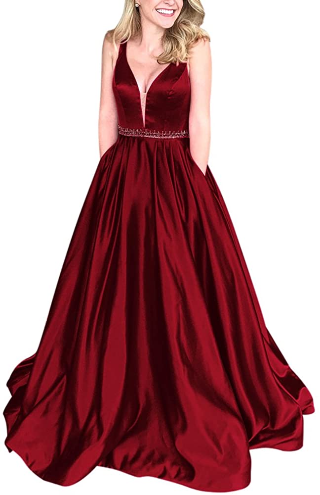 Price:$89.00    Yangprom Ball Gown Black Deep V Neck Satin with Pockets Plus Size Prom Dress  Clothing