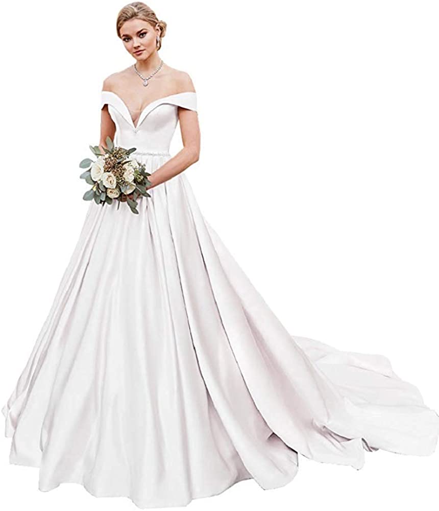 Price:$89.00 Fanciest Women's Off Shoulder Satin Wedding Dresses Ball Gown Long Prom Evening Dress at Amazon Women’s Clothing store
