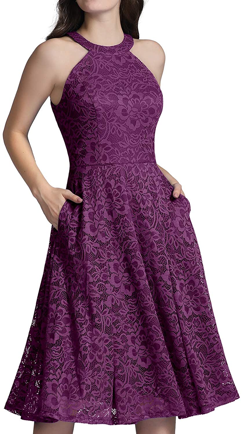 Price:$28.99    ALAGIRLS Women Halter Floral Lace Bridesmaid Dress Tea Length Vintage Cocktail Party Swing Evening Gowns Pocket  Clothing