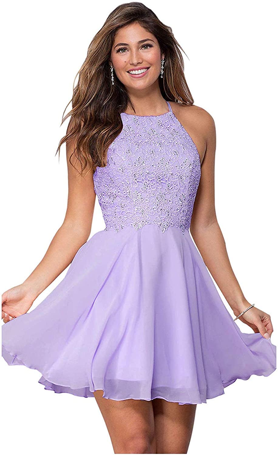 Price:$64.99    Zaozc Halter Lace Homecoming Dresses for Juniors Backless Chiffon Formal Short Prom Cocktail Gowns  Clothing