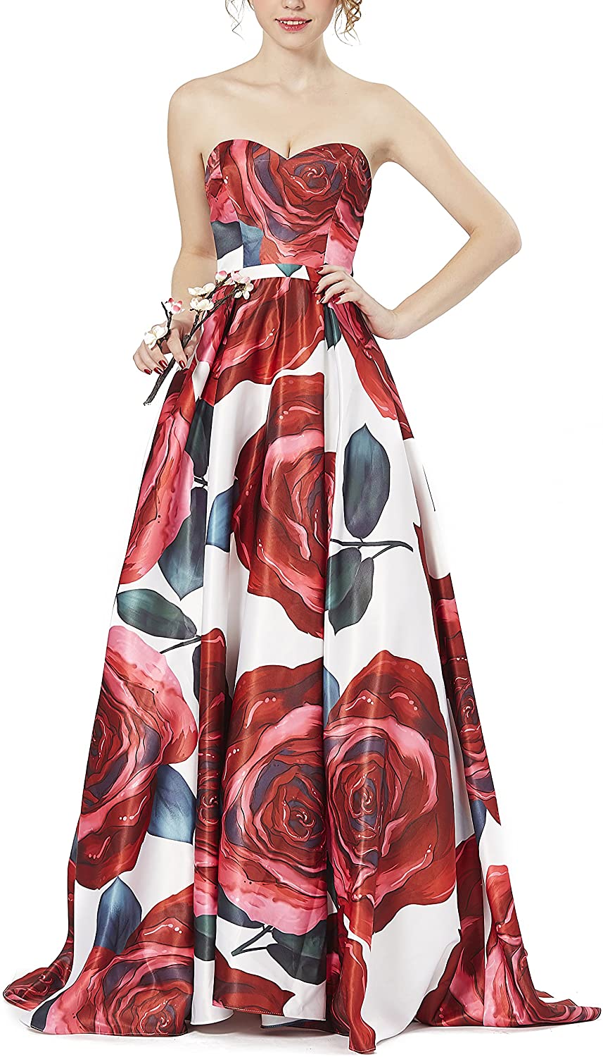 Price:$89.00    LOVIERA Evening Prom Dress Beaded Sweetheart Printing Satins For Women  Clothing