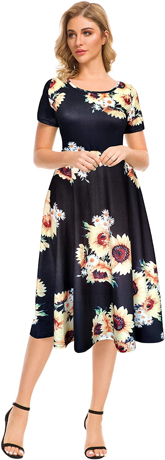 Price:$14.99 Afibi Floral Printed Petite Flared Midi Dresses for Women Short Sleeve at Amazon Women’s Clothing store