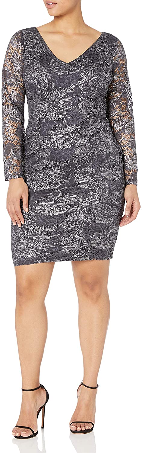 Price:$44.99    Marina Women's Plus Size Foiled Lace Cocktail Dress  Clothing
