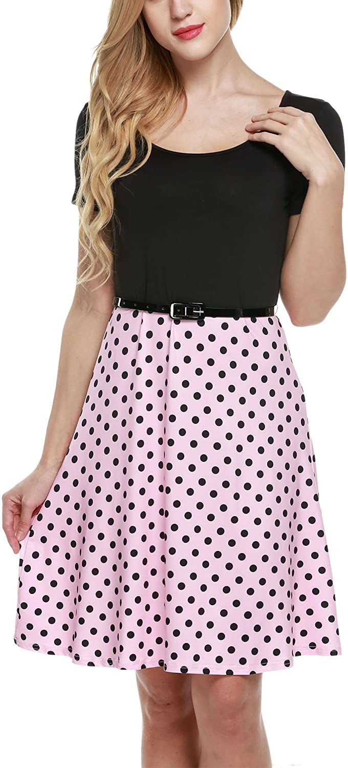 Price:$11.99    Zeagoo Women Summer Short Sleeve Polka Dots A-Line Flare Party Cocktail Dress  Clothing