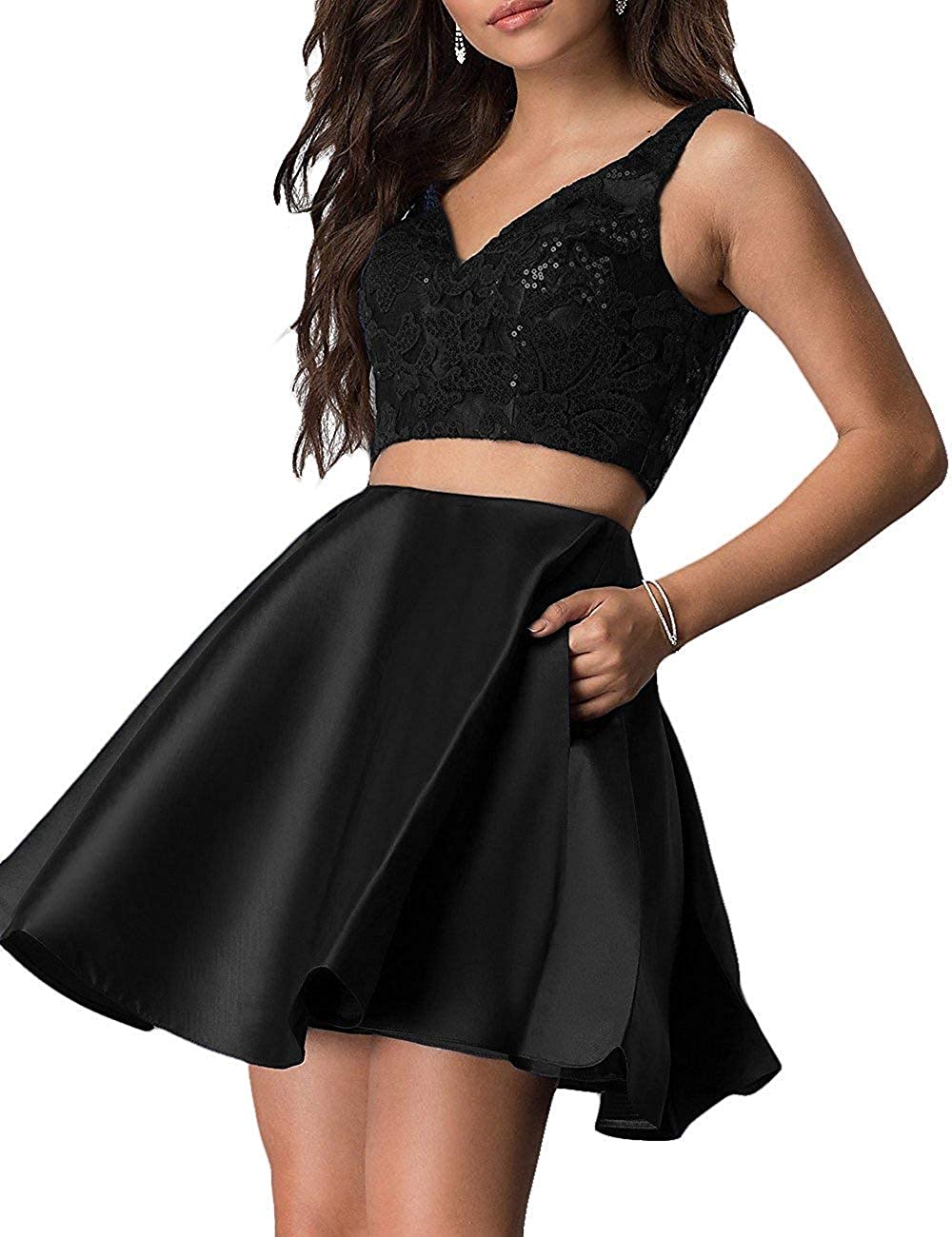 Price:$54.00    HofnDolce Women's V-Neck Two Piece Dress Sequin Short With Pockets Prom Gowns  Clothing