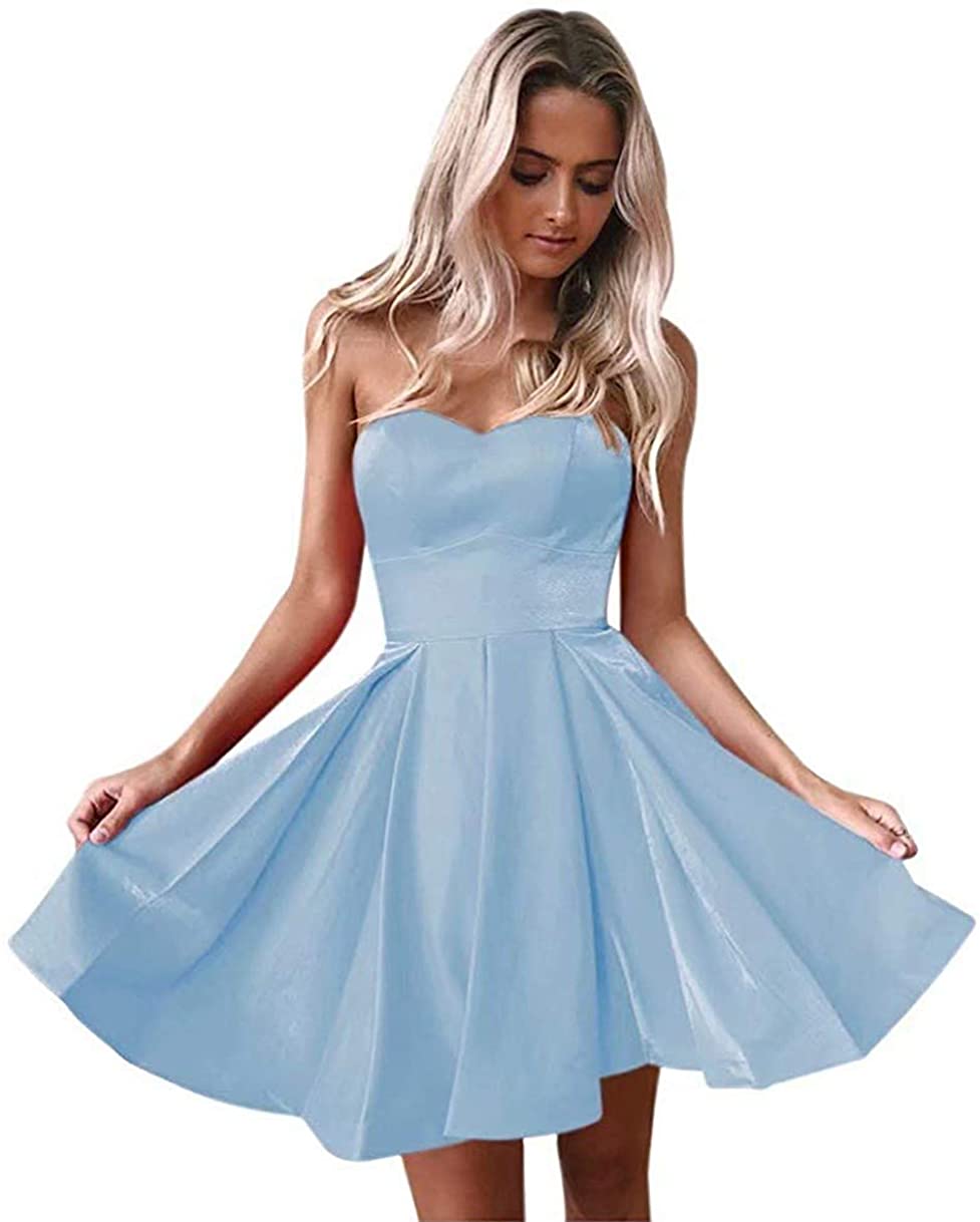 Price:$59.99 ANGELWARDROBE Short Satin Sweetheart Neck Homecoming Party Dress for Juniors Cocktail Ball Gown at Amazon Women’s Clothing store