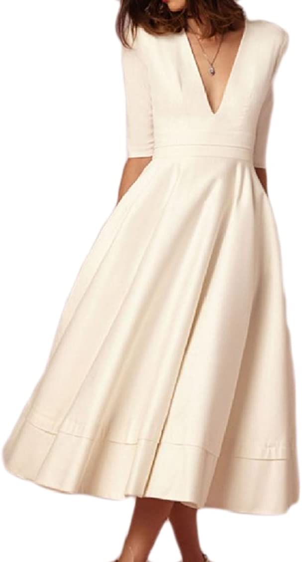 Price:$18.15 Freely Womens V Neck High-Waist Pure Colour Draped Party Evening Dress at Amazon Women’s Clothing store