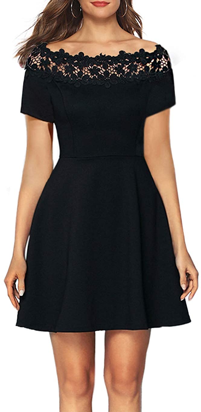 Price:$25.99    Women's Elegant Vintage Floral Lace Off Shoulder Little Cocktail Party Skater Swing A-Line Dress 936  Clothing