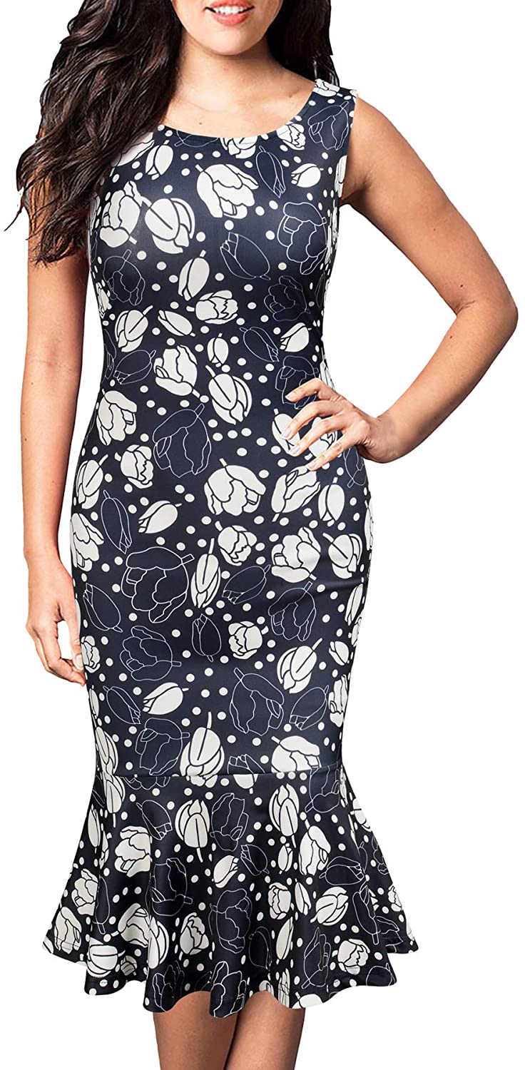 Price:$19.99    FORTRIC Women Sleeveless Fishtail Floral Summer Work Bodycon Party Office Dress  Clothing