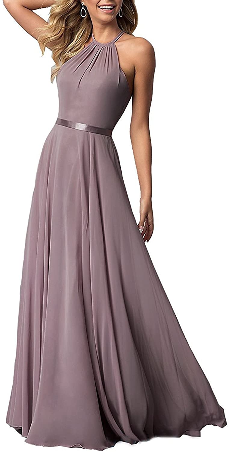 Price:$69.99 Women's Halter Long Bridesmaid Dresses Open Back A-line Formal Evening Party Gowns at Amazon Women’s Clothing store