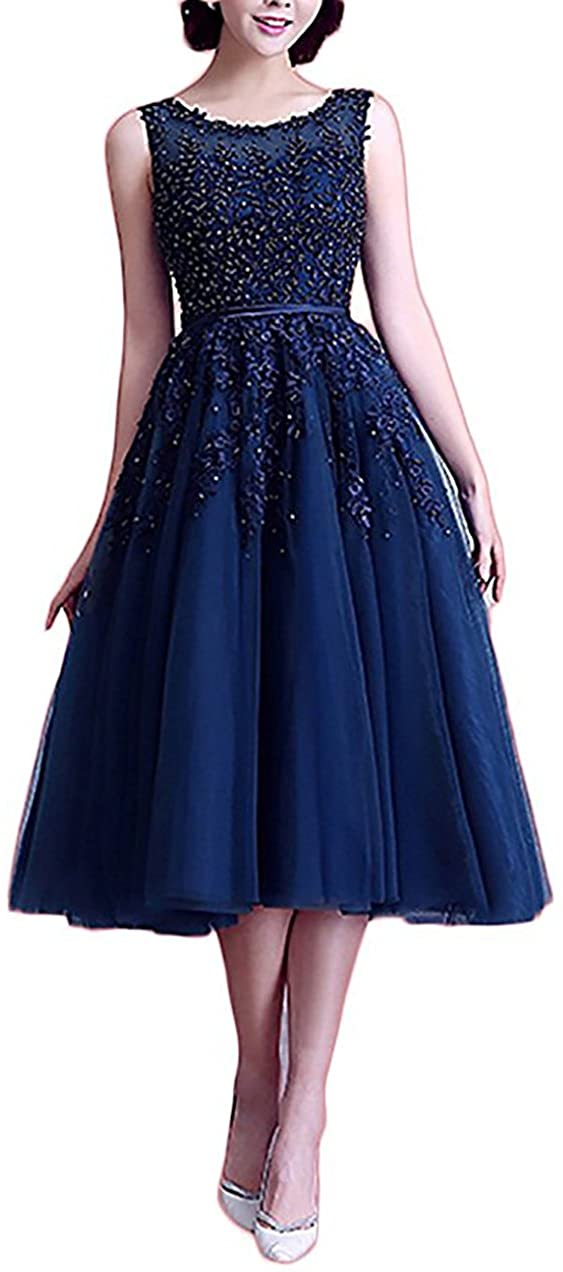Price:$84.99    Scarisee Womens Beaded Applique A-Line Tea Length Homecoming Prom Party Dresssa7  Clothing