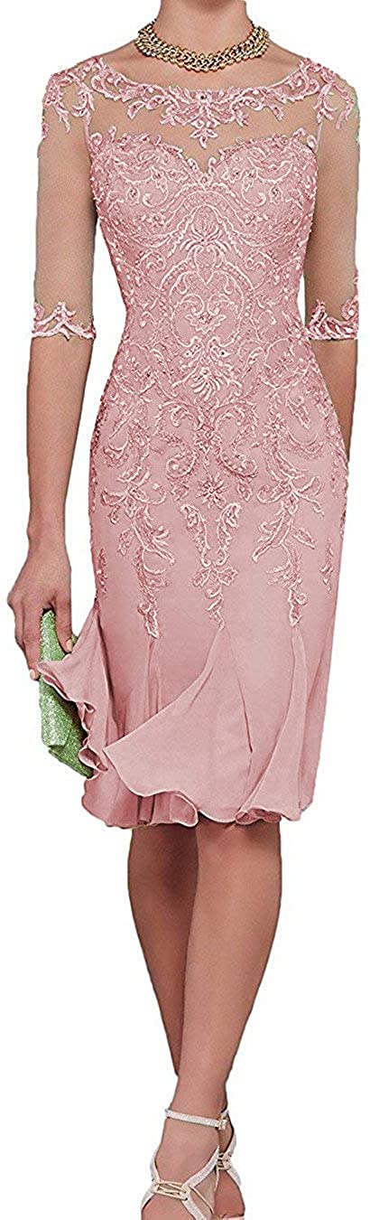 Price:$76.83 PearlBridal Women's Appliques Tea Length Mermaid Mother of The Bride Dresses Chiffon Formal Prom Dress with 1/2 Sleeves at Amazon Women’s Clothing store