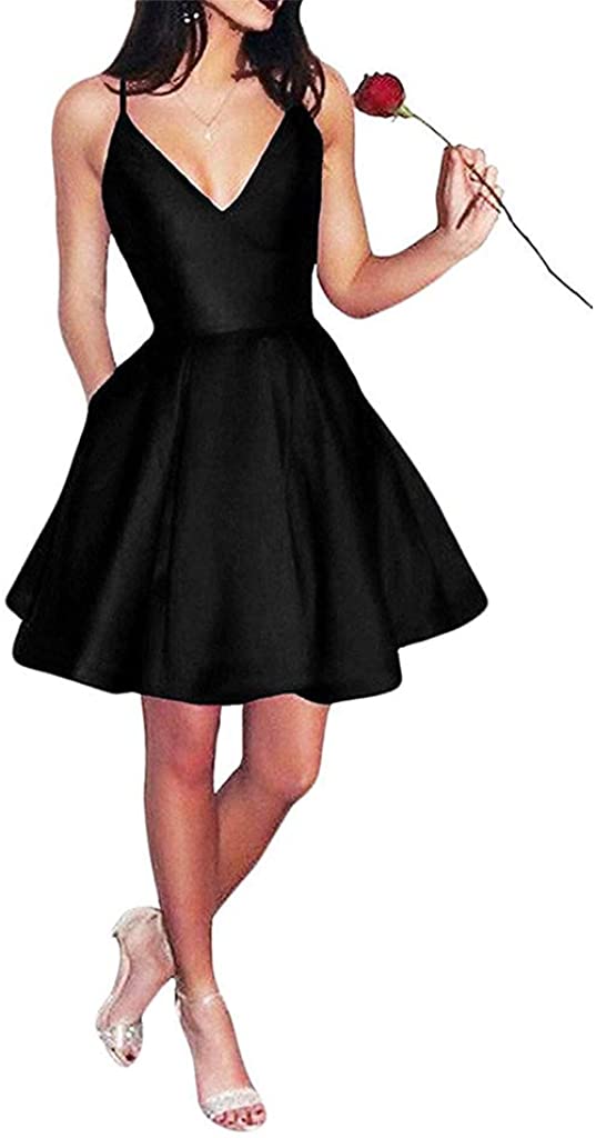 Price:$49.99    V-Neck Short Homecoming Dresses Spaghetti Straps Ball Prom Party Gown with Pocket  Clothing