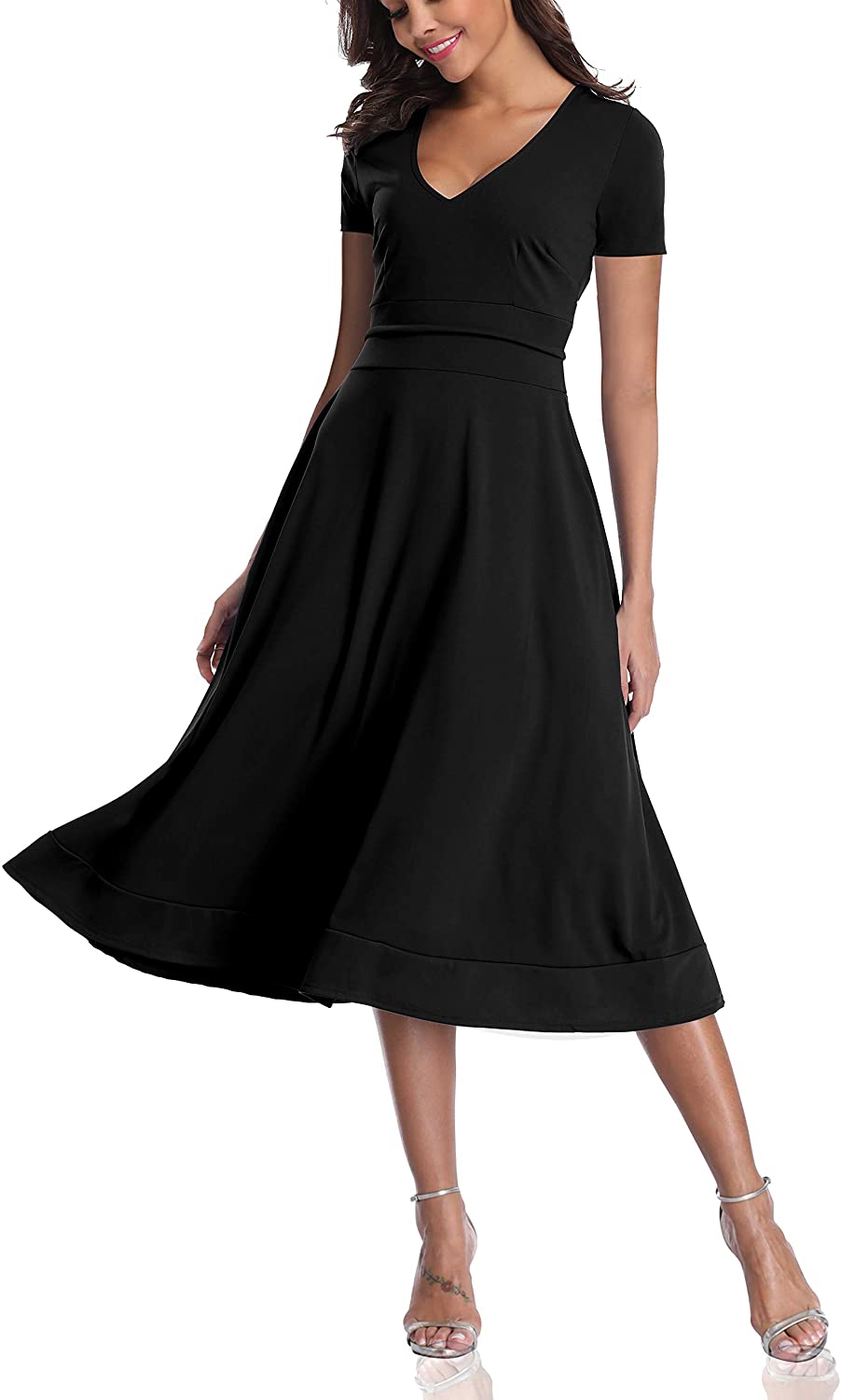 Price:$15.99 OWIN Women's Vintage V Neck Dress Casual Half Sleeve Party Cocktail Dress at Amazon Women’s Clothing store