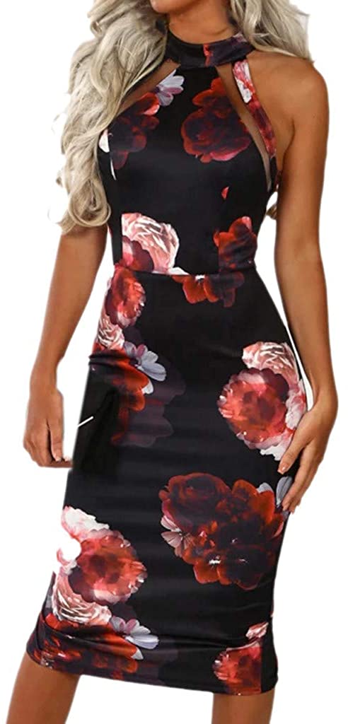 Price:$4.50    COOKI Women Sexy Halter Neck Floral Printed Club Bodycon Dress Cocktail Party Pencil Dress Beach Summer Sundress  Clothing