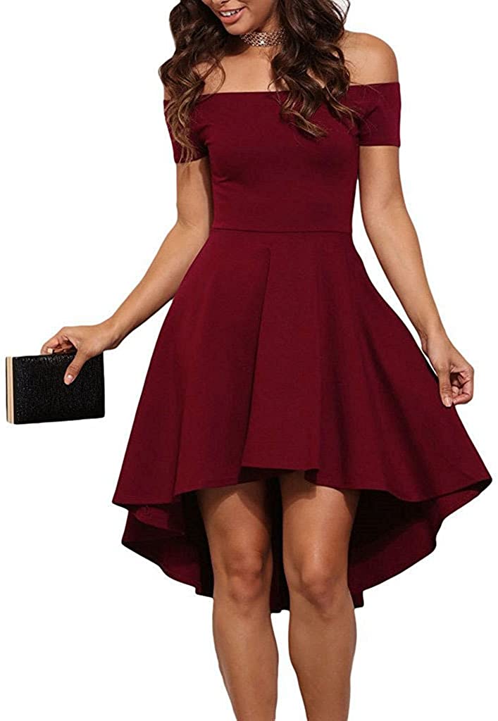 Price:$21.99 LAMOGALL Women Off The Shoulder Short Sleeve High Low Hem Club Cocktail Skater Dress Skater Wedding Party Teen Formal Dresses at Amazon Women’s Clothing store