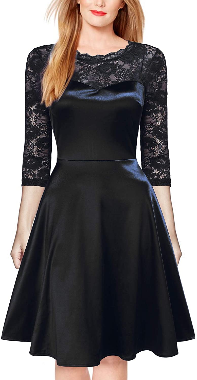 Price:$19.99    FORTRIC Women 3/4 Sleeve Vintage Lace Satin Party Formal Swing Dress Black S  Clothing