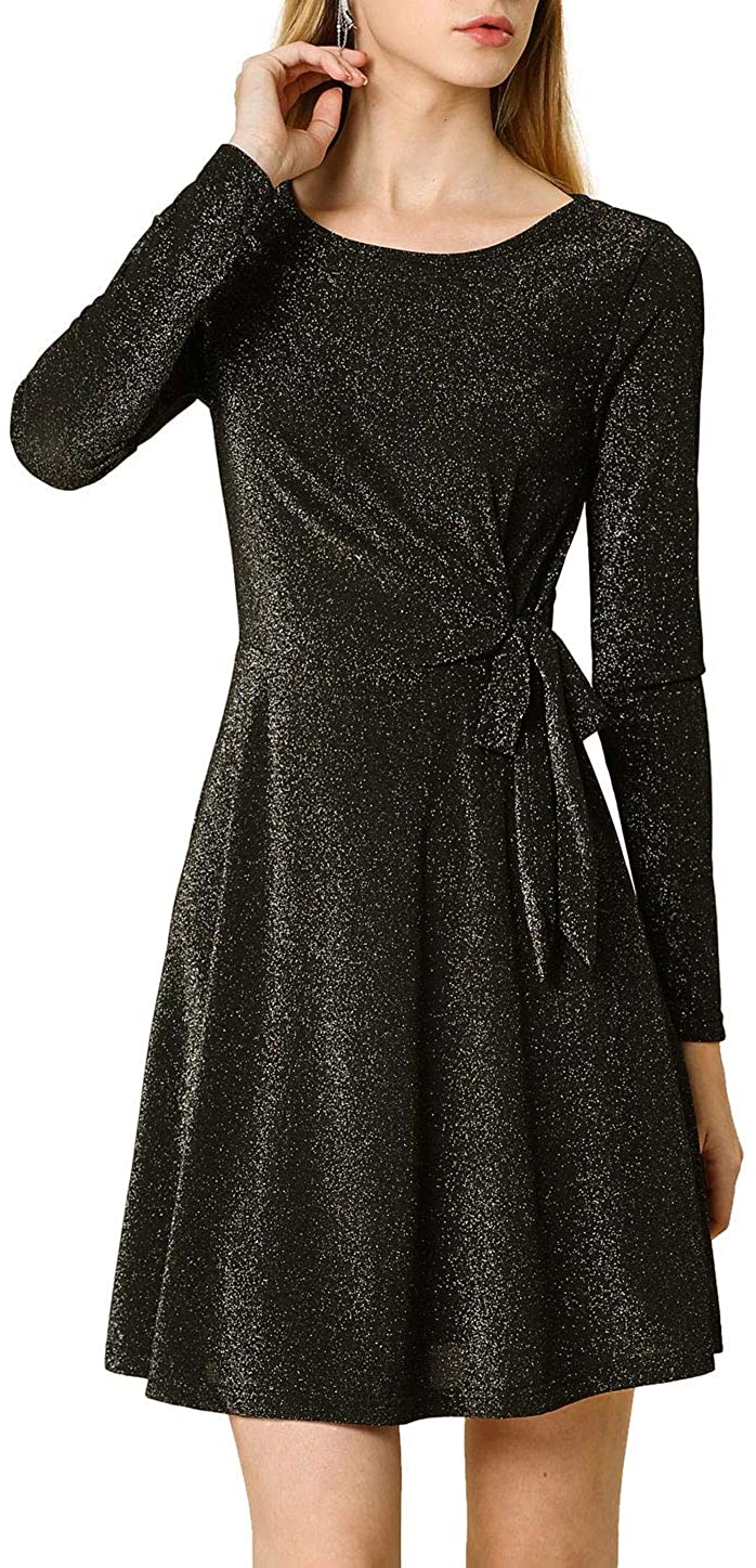 Price:$30.99    Allegra K Women's Boat Neck Long Sleeve Twist Self Tie Knot Front Sparkle Glitter A-line Dress  Clothing
