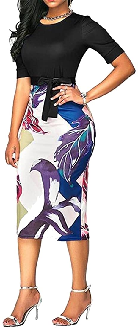 Price:$9.53 DFBB-Women Short Sleeve Flower Print Bodycon Business Work Party OL Midi Pencil Dress at Amazon Women’s Clothing store
