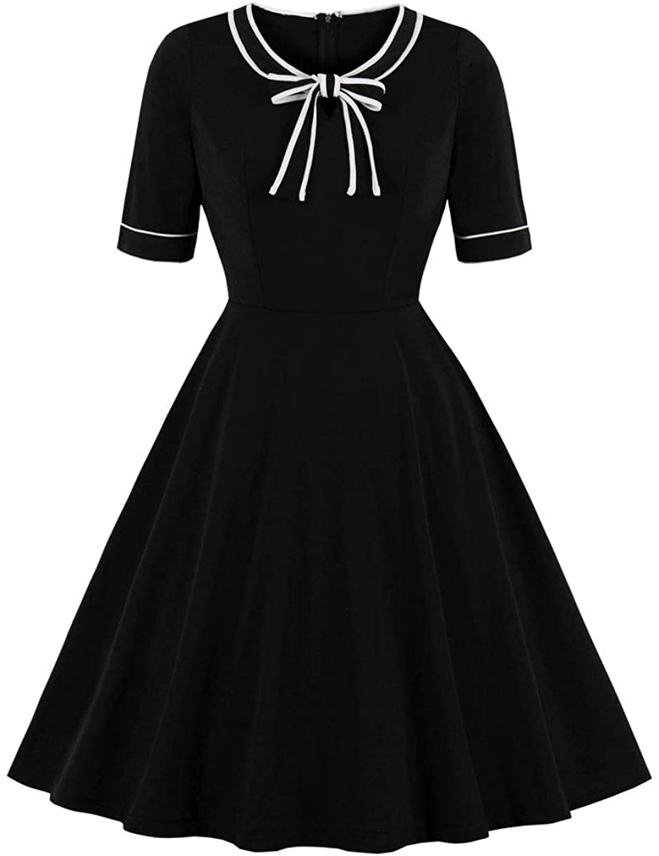 Price:$13.99    Wellwits Women's Black and White Bow Tie Elegant Vintage Cocktail Dress  Clothing