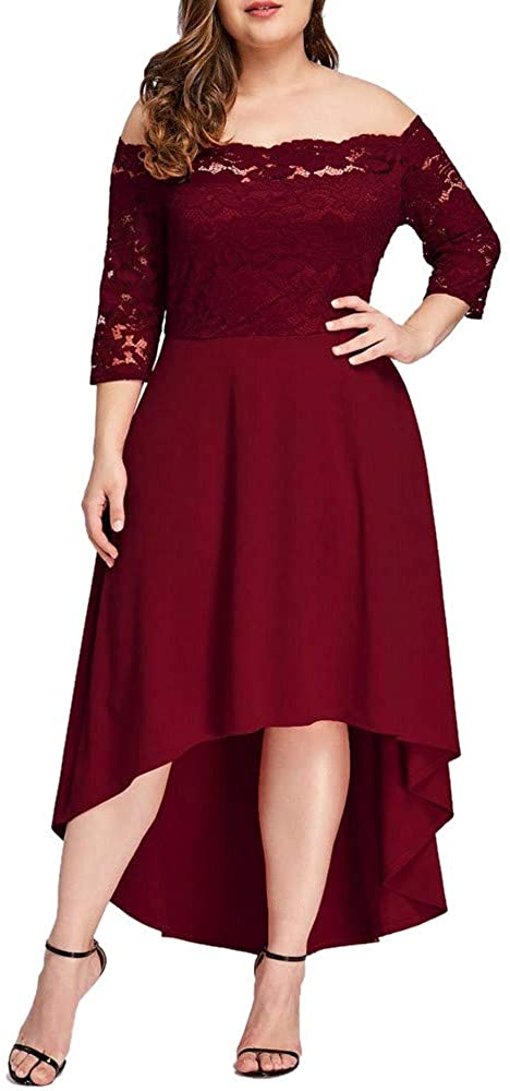 Price:$16.99 High Low Hem Party Dresses, Keepfit Women Ladies Solid Color Lace Patchwork Long Dress at Amazon Women’s Clothing store
