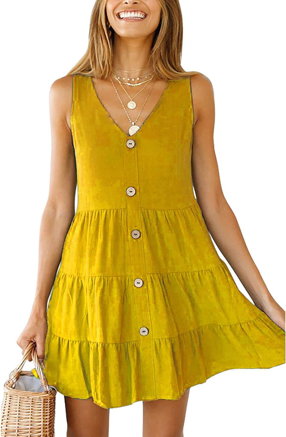 Price:$22.99 OEUVRE Women V Neck Sleeveless Button Front A Line Short Tank Dress Babydoll Ruffle Mini Dress at Amazon Women’s Clothing store