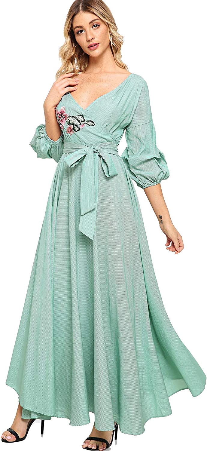 Price:$32.99 Milumia Women 3 4 Puff Sleeves Empire Waist Striped Maxi Dress Fit and Flare Party Classic Dresses at Amazon Women’s Clothing store