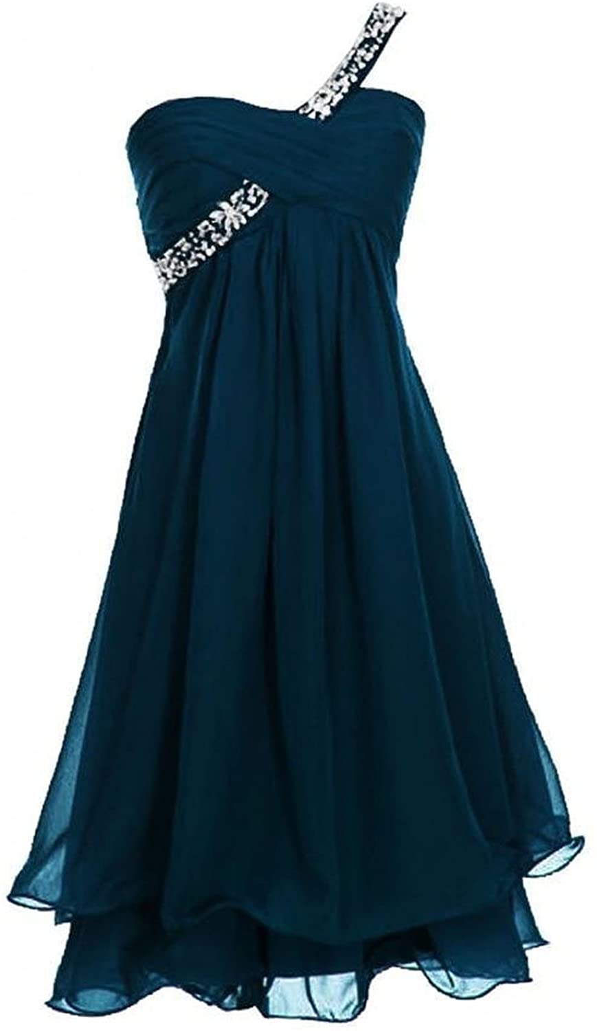 Price:$42.50    DianSheng Women's One Shoulder Beads Short Chiffon Prom Gowns Homecoming Dresses Fitted  Clothing