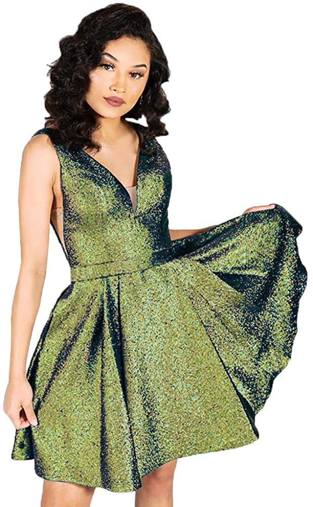 Price:$24.99    V-Neck Prom Dresses Short Sparkly Empire Backless Aline Homecoming Gowns for Juniors  Clothing