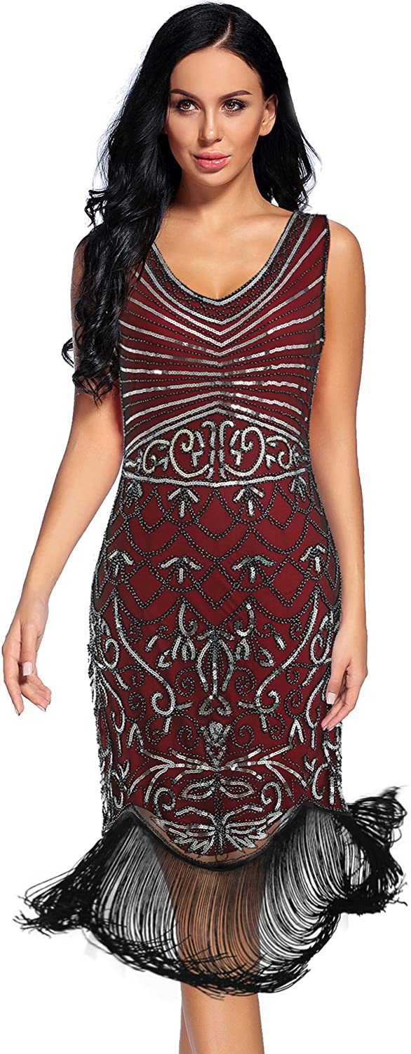 Price:$39.80    Women's Vintage 1920s Sequin Floral Midi Gatsby Flapper Dress(Burgundy,XL)  Clothing