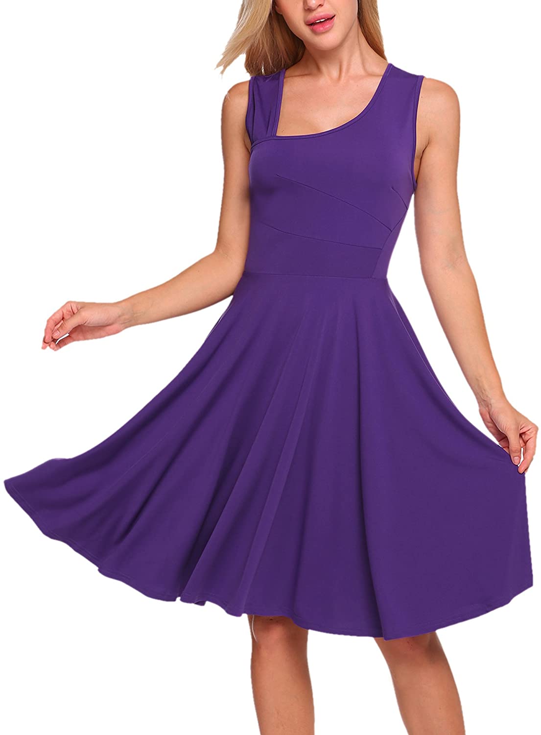 Price:$9.99    Finejo Women's Asymmetric Neck Sleeveless Ruched Party Swing Cocktail Dress  Clothing