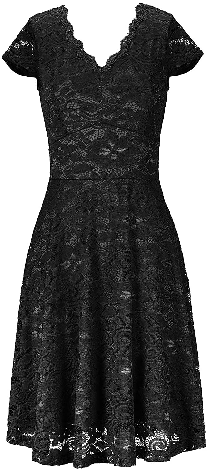 Price:$19.99    Noctflos Women Summer Lace Midi Dresses for Work Cocktail Party Wedding Short Sleeve V Neck Knee Length  Clothing